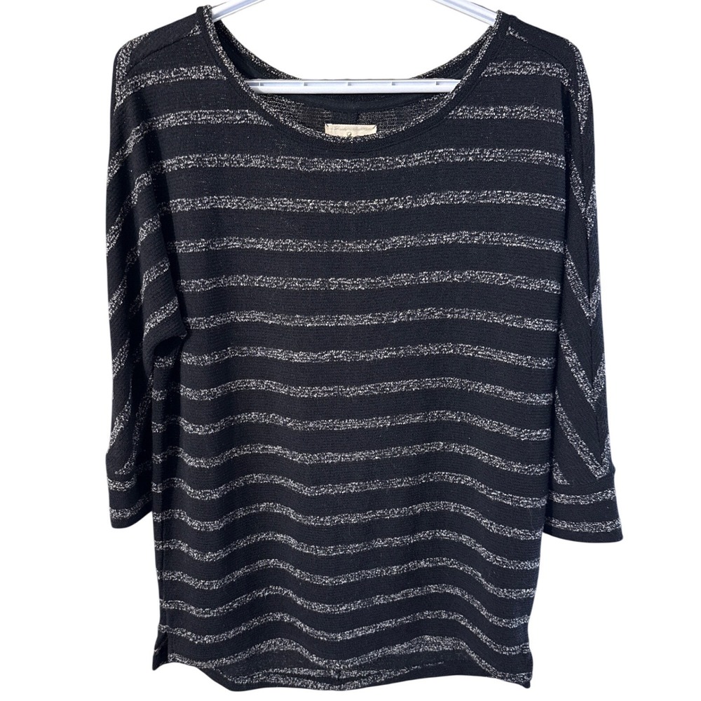 Lou & Grey Women Black Silver Metallic Striped Knit Top 3/4 Sleeve Size Small